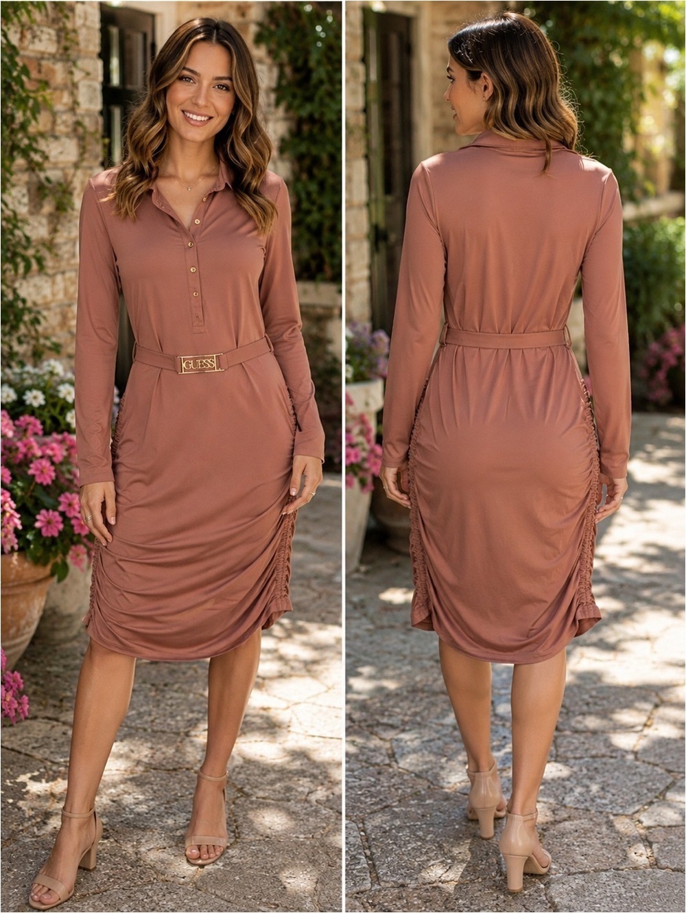 Guess Dusty Rose Long Sleeve Ruched Midi Dress Women’s